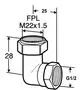 Winkelanschluss mit Gewindeanschlüssen, passend für Kombi-Kupplungen. Hergestellt von IMI Hydronic Engineering. Zeichnung mit Maßen und FPL M22x1.5.